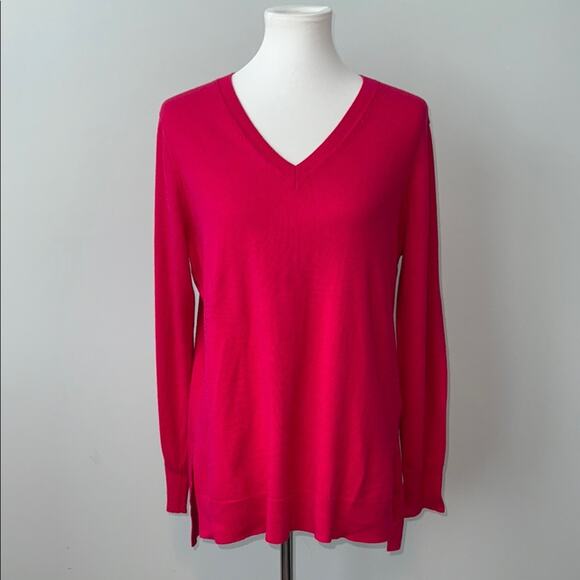 J Crew Vibrant Pink V-Neck Tunic Split Hem Sweater Women's Medium NWT - Picture 1 of 7